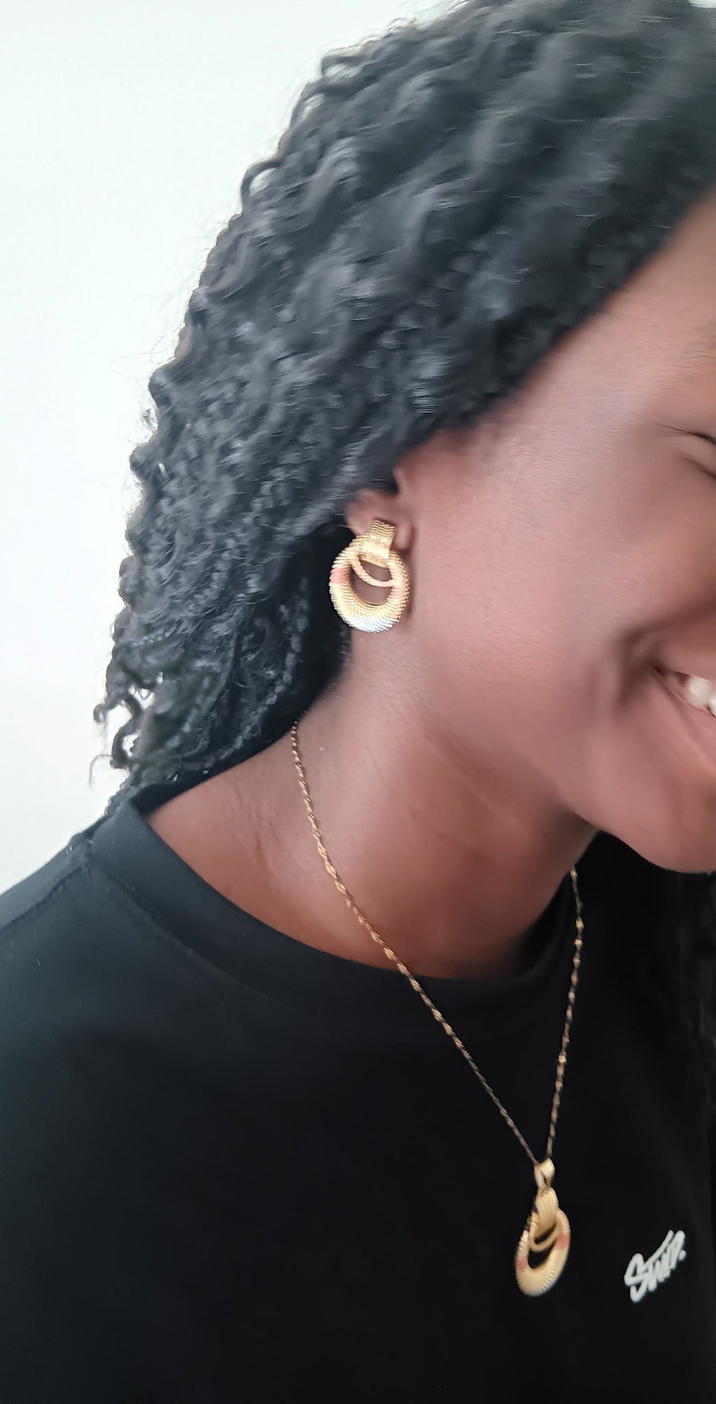 Ensemble 3 Pièces Collier et Boucles d'Oreilles Texturées Acier Inoxydable Doré Waterproof