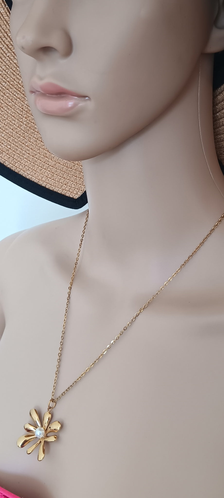 Set 3 Pièces Collier Draperie et Boucles d'Oreilles Pendentifs Fleurs Perle Acier Inoxydable Or 18K