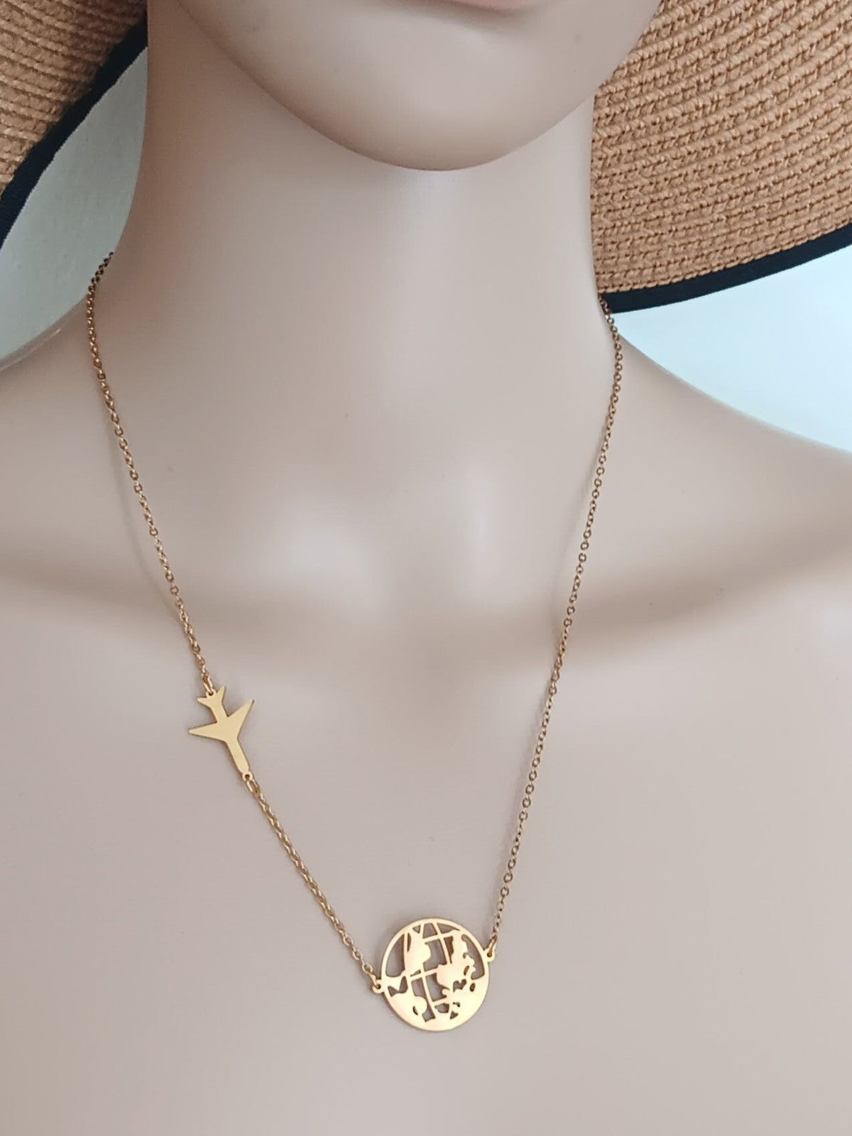 Collier Pendentif Carte du Monde et Avion Acier Inoxydable Waterproof