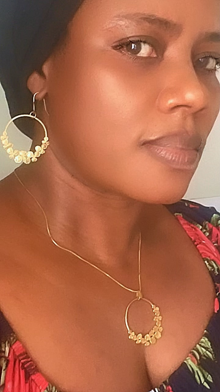 Ensemble Collier et Boucles d'Oreilles Créoles Cercle Couronne de Laurier Acier Inoxydable Or 18K