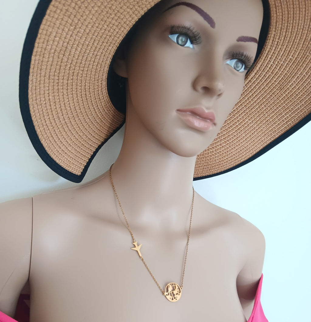 Collier Pendentif Carte du Monde et Avion Acier Inoxydable Waterproof