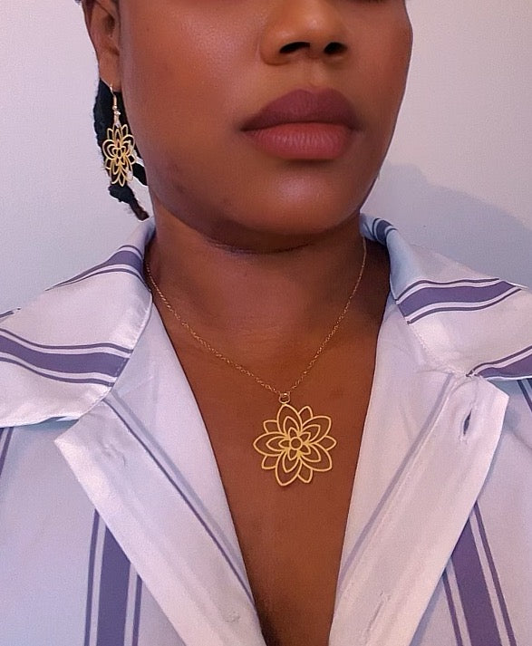 Ensemble Collier et Boucles Pendentifs Fleur Cuivre Acier Inoxydable
