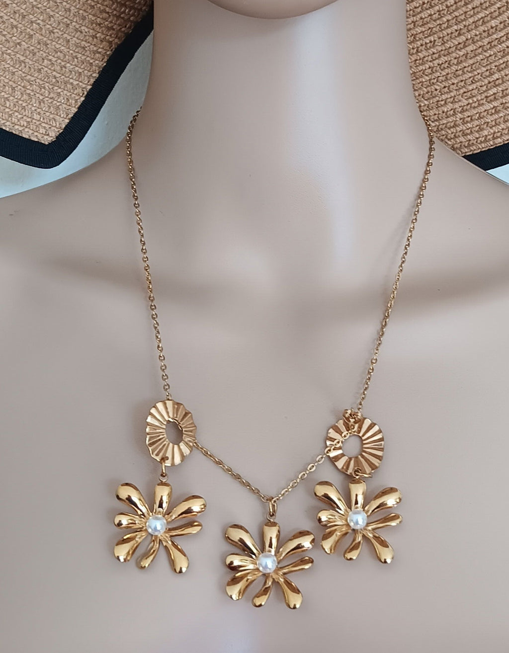 Set 3 Pièces Collier Draperie et Boucles d'Oreilles Pendentifs Fleurs Perle Acier Inoxydable Or 18K