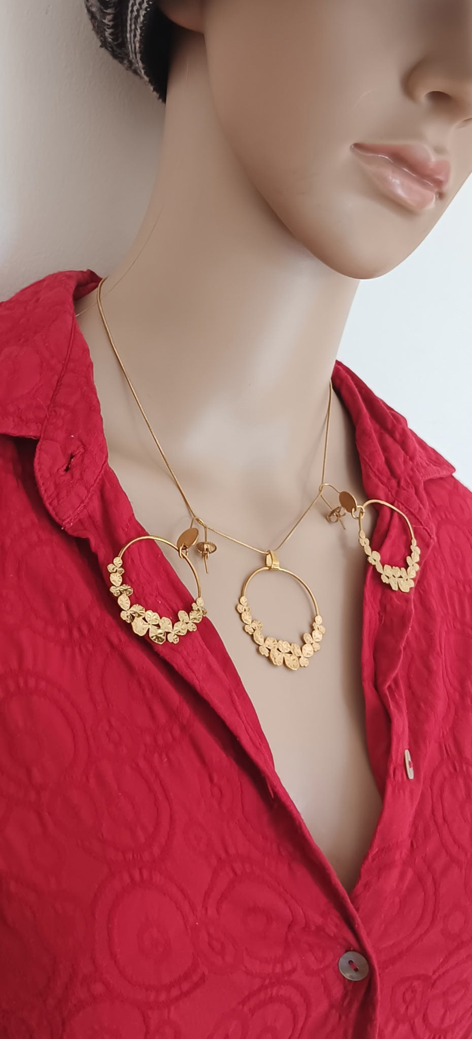 Ensemble Collier et Boucles d'Oreilles Créoles Cercle Couronne de Laurier Acier Inoxydable Or 18K