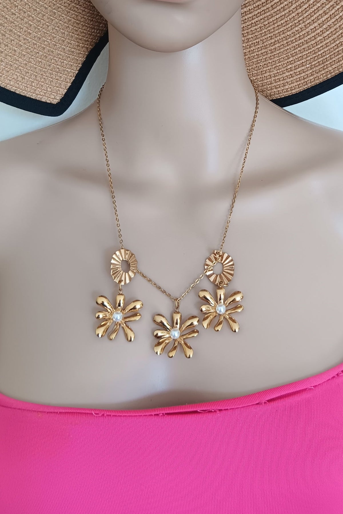 Set 3 Pièces Collier Draperie et Boucles d'Oreilles Pendentifs Fleurs Perle Acier Inoxydable Or 18K
