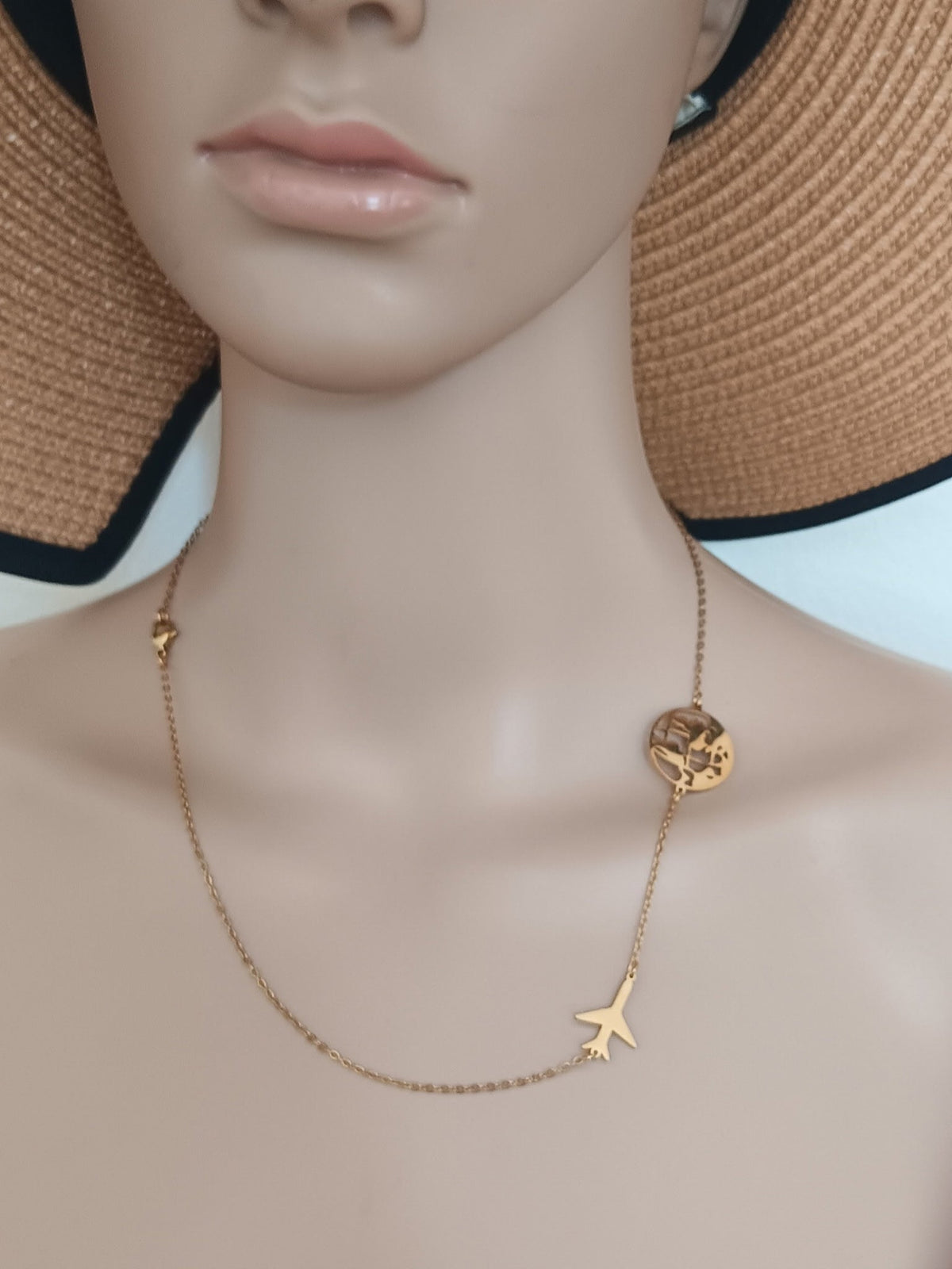 Collier Pendentif Carte du Monde et Avion Acier Inoxydable Waterproof