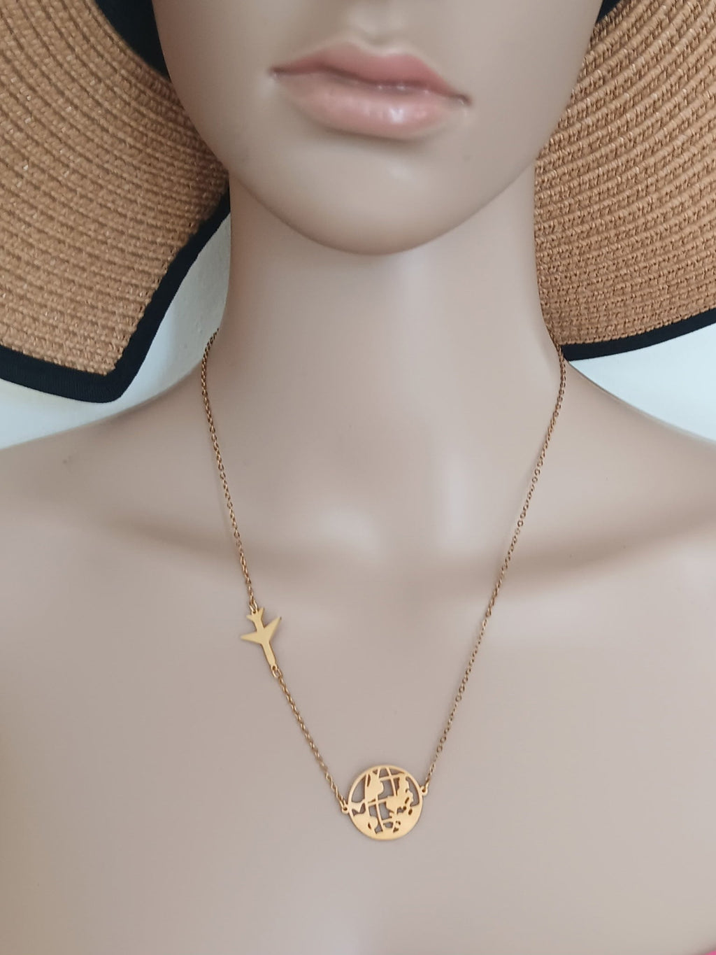 Collier Pendentif Carte du Monde et Avion Acier Inoxydable Waterproof