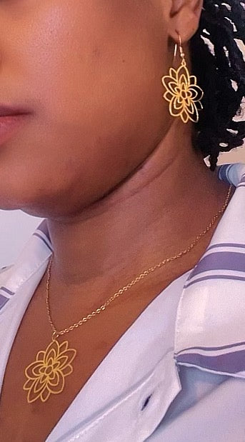 Ensemble Collier et Boucles Pendentifs Fleur Cuivre Acier Inoxydable