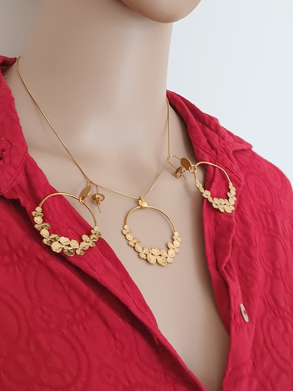 Ensemble Collier et Boucles d'Oreilles Créoles Cercle Couronne de Laurier Acier Inoxydable Or 18K