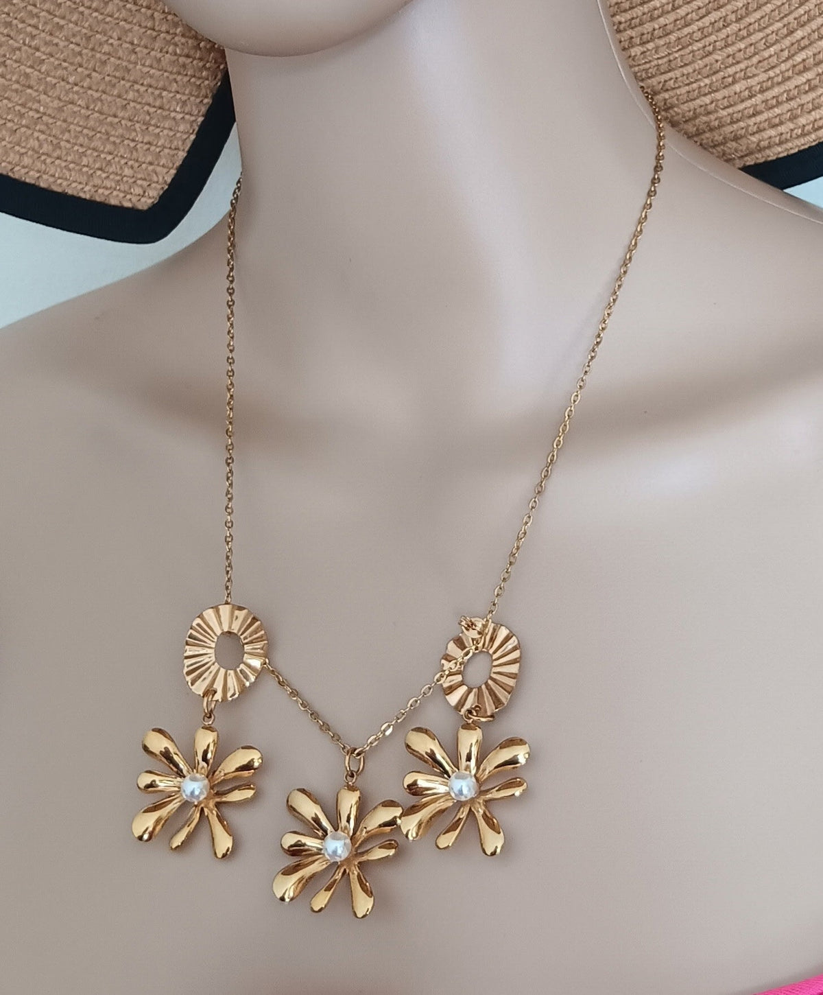 Set 3 Pièces Collier Draperie et Boucles d'Oreilles Pendentifs Fleurs Perle Acier Inoxydable Or 18K