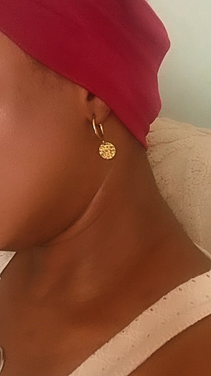 Boucles d'Oreilles Créoles Pendentif Rond Gaufré Acier Inoxydable Waterproof