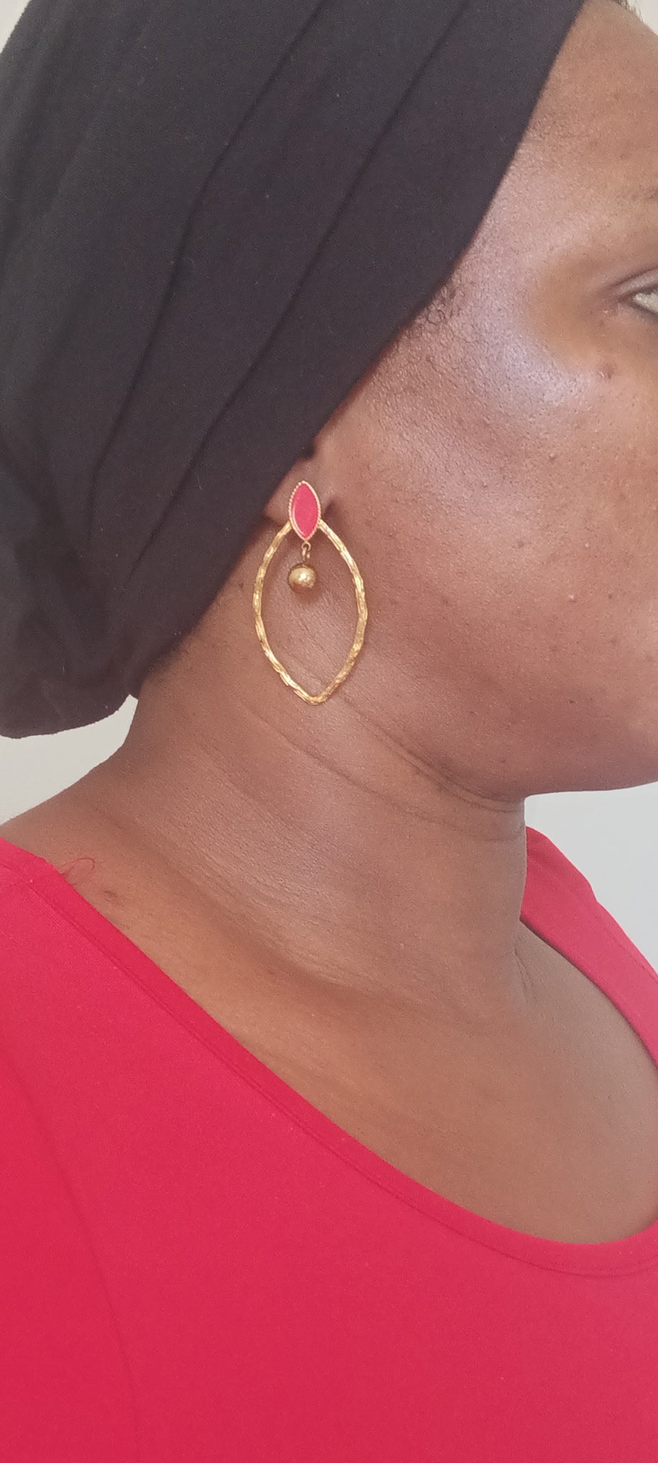 Boucles d'Oreilles Amande Émaillée Rouge et Dorée Acier Inoxydable Waterproof