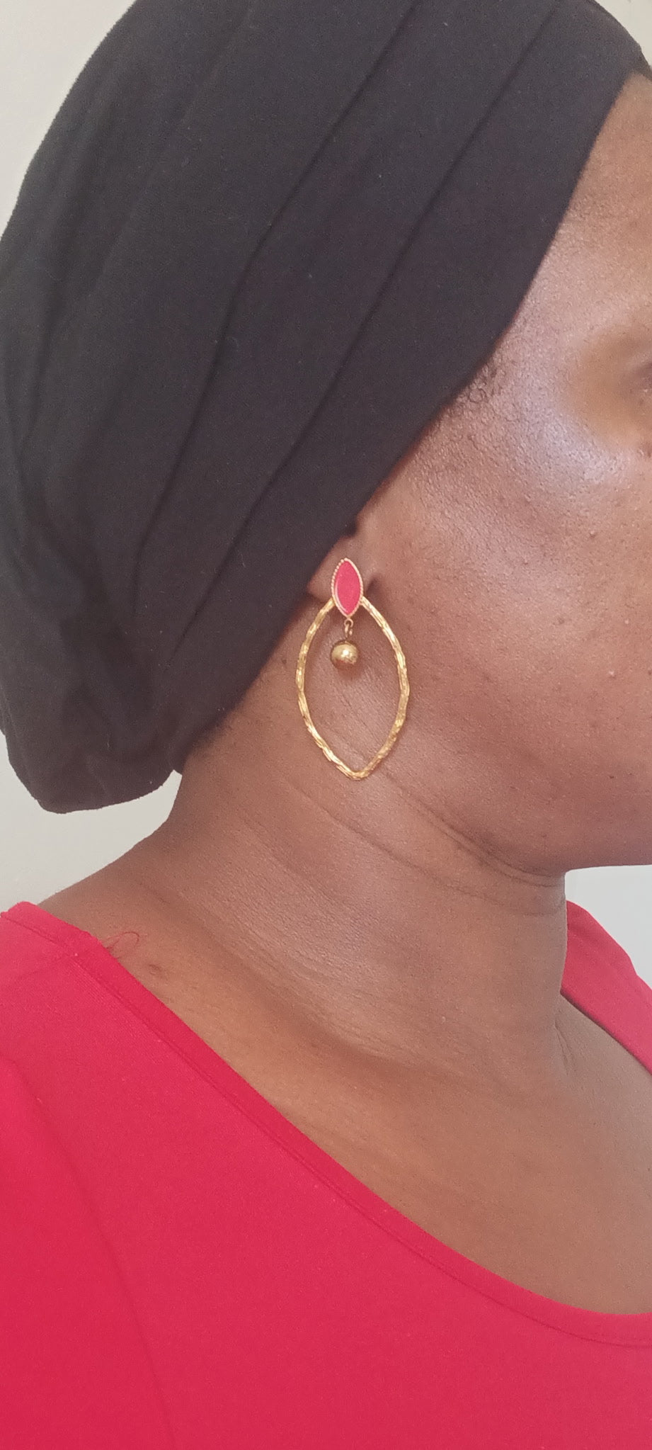 Boucles d'Oreilles Amande Émaillée Rouge et Dorée Acier Inoxydable Waterproof